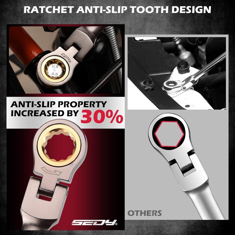 SEDY Premium 12-Piece SAE Flex-Head Ratchet Wrenches Set 1/4"-7/8" with Magnetic Organizer, Cr-V Steel Ratcheting Wrench Set with 72 Teeth 180° Flex Head, Ratchet Combination Wrench Set for Repair - Image 4